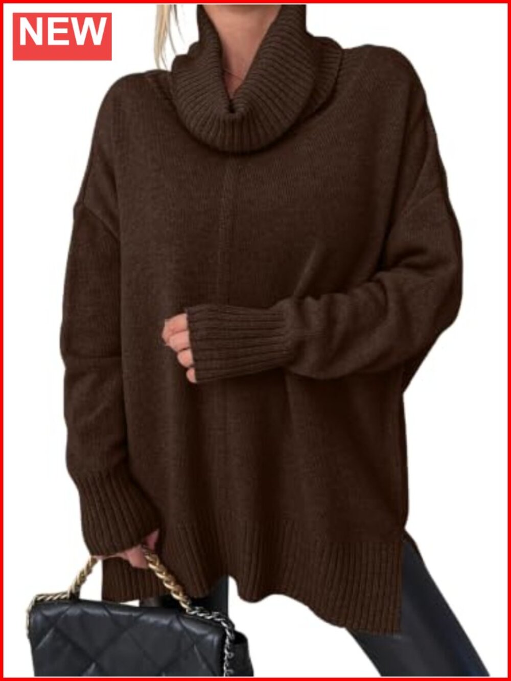 Oversized Turtleneck Tunic Sweater Chunky Batwing Pullover Side Hem Split Knit